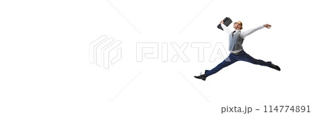 Banner. Stylish professional in grey vest and blue pants jumping, shows flexibility and dynamism at work against white studio background. Banner. Stylish professional in grey vest and blue pants jumping, shows flexibility and dynamism at work against white studio background. 114774891