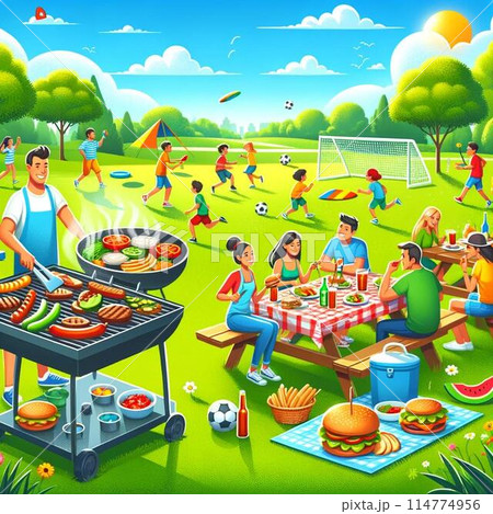 家族と友人が楽しむバーベキューパーティーのイラスト：アウトドアアクティビティと美味しい料理 114774956