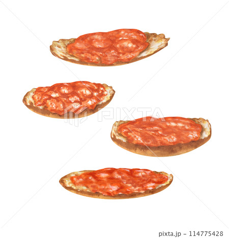 Apricot jam on a piece of bread, poured in waves and splashes. Watercolor illustration for design templates of sweet harvest, summer fruits, juices, canned food, marmalade and sweets 114775428