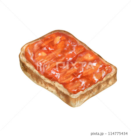 Apricot jam on a piece of bread, poured in waves and splashes. Watercolor illustration for design templates of sweet harvest, summer fruits, juices, canned food, marmalade and sweets 114775434