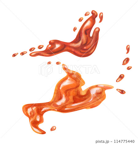 Apricot orange jam and juice, poured in waves and splashes. Watercolor illustration for design templates of sweet harvest, summer fruits, juices, canned food, marmalade and sweets Apricot orange jam and juice, poured in waves and splashes. Watercolor illustration for design templates of sweet harvest, summer fruits, juices, canned food, marmalade and sweets 114775440