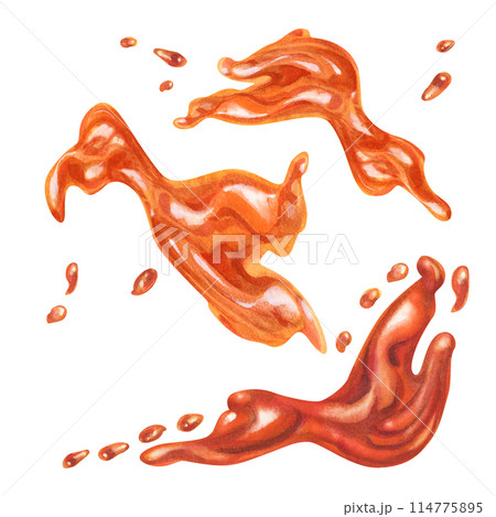 Apricot orange jam and juice, poured in waves and splashes. Watercolor illustration for design templates of sweet harvest, summer fruits, juices, canned food, marmalade and sweets Apricot orange jam and juice, poured in waves and splashes. Watercolor illustration for design templates of sweet harvest, summer fruits, juices, canned food, marmalade and sweets 114775895