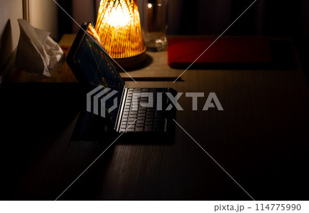 An aesthetic picture of laptop and pen with small amount of light from the lamp. Working at night concept.But Empty person. 114775990