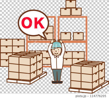 一名在倉庫工作的工人做出了「OK」的手勢。 114776205