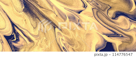 Abstract fluid art background navy blue and golden colors. Liquid marble. Acrylic painting with beige gradient. 114776547