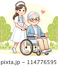 車いすの高齢者を介護するナース 114776595