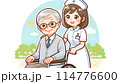 車いすの高齢者を介護するナース 114776600