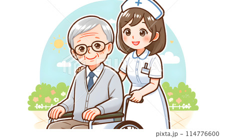 車いすの高齢者を介護するナース 114776600