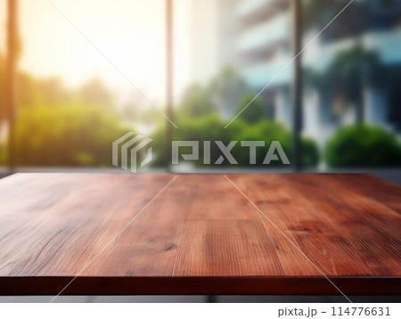 Empty wooden table and Coffee shop blur background with bokeh image. For product display 114776631