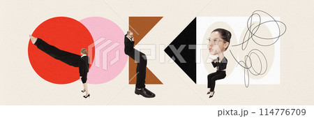 Banner. Contemporary art collage. People in formal attire integrated with geometric shapes and abstract lines, emphasizing creativity and modernity in corporate setting. 114776709
