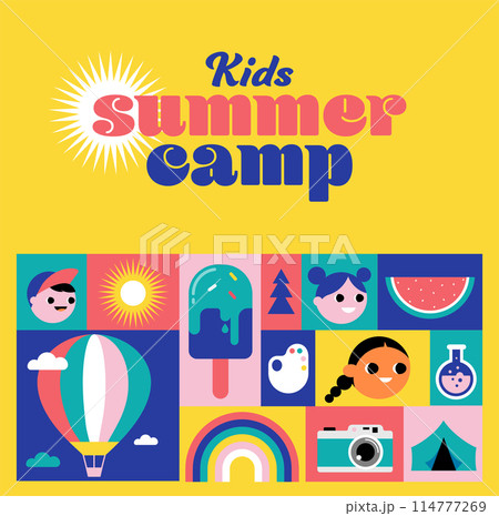 Kids Summer Camp concept design. Geometrical style colorful illustrations, icons. Banner, flyer 114777269