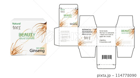 Design of the cosmetic packaging template. Cut. Cosmetic cream mask with ginseng in a closed box. Realistic 3D model. 114778090
