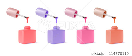 3d Different Color Nail Polish Bottle with Brush or Lacquer Set for Manicure and Pedicure Cartoon Design Style. Vector illustration 114778119