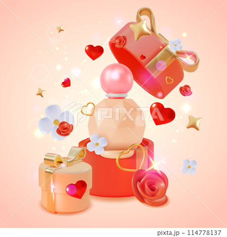 3d Perfume Bottle and Gift Box Fragrance Product Concept Cartoon Design Style. Vector illustration of Floral Delicate Composition 114778137