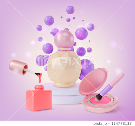 3d Makeup Cosmetic Product Concept Cartoon Design Style Perfume Bottle , Blush, Brush and Nail Polish. Vector illustration 114778138