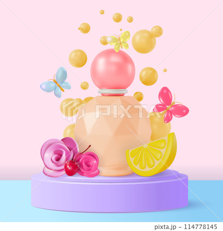 3d New Perfume Gentle Spring Cosmetic Product Concept Background Cartoon Design Style. Vector illustration of Citrus and Floral Delicate Composition 114778145