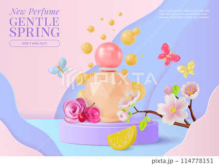 3d New Perfume Gentle Spring Cosmetic Product Concept Ads Banner Poster Card. Vector illustration 114778151