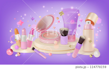 3d New Collection Makeup Cosmetic Product Concept Background Cartoon Design Style. Vector illustration of Lipstick, Mist, Foundation, Powder and Brush 3d New Collection Makeup Cosmetic Product Concept Background Cartoon Design Style. Vector illustration of Lipstick, Mist, Foundation, Powder and Brush 114778159