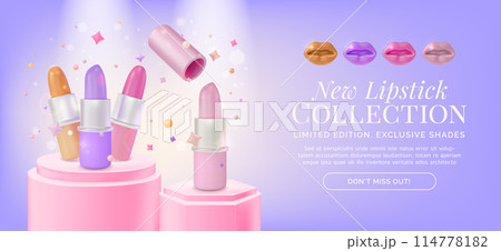 3d New Lipstick Collection Makeup Cosmetic Product Concept Ads Banner Poster Card. Vector illustration of Lips with Different Lipsticks Colors 3d New Lipstick Collection Makeup Cosmetic Product Concept Ads Banner Poster Card. Vector illustration of Lips with Different Lipsticks Colors 114778182