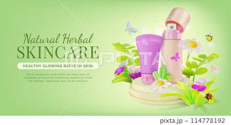 3d Natural Herbal Skin Care Cosmetic Product on a Podium Platform Stage Concept Ads Banner Poster Card. Vector illustration 3d Natural Herbal Skin Care Cosmetic Product on a Podium Platform Stage Concept Ads Banner Poster Card. Vector illustration 114778192