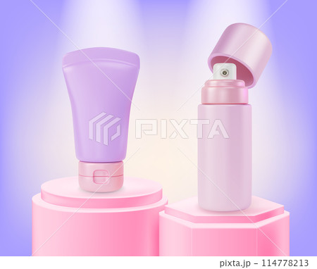 3d Cosmetic Product Concept Cartoon Design Style Podium Platform Stage with Foundation and Mist Spray Bottle. Vector illustration 3d Cosmetic Product Concept Cartoon Design Style Podium Platform Stage with Foundation and Mist Spray Bottle. Vector illustration 114778213