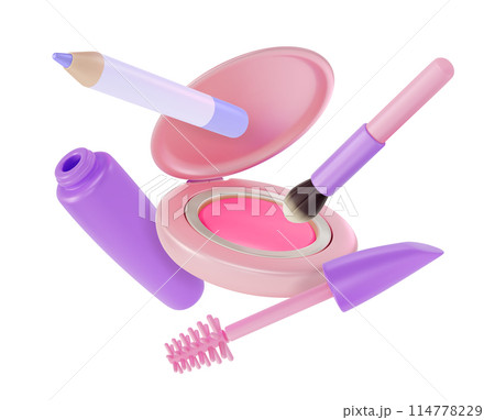3d Makeup Cosmetic Product Concept Cartoon Design Style Mascara, Eyeliner, Professional Brush and Eyeshadow. Vector illustration 3d Makeup Cosmetic Product Concept Cartoon Design Style Mascara, Eyeliner, Professional Brush and Eyeshadow. Vector illustration 114778229