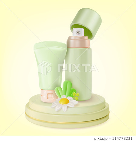 3d Podium Platform Stage Product with Cream and Mist Spray Bottle Cosmetic Product Concept Cartoon Design Style. Vector illustration of Chamomile Extract 3d Podium Platform Stage Product with Cream and Mist Spray Bottle Cosmetic Product Concept Cartoon Design Style. Vector illustration of Chamomile Extract 114778231