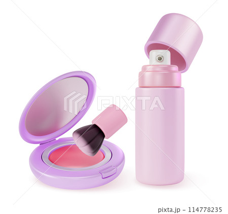 3d Makeup Cosmetic Product Concept Cartoon Design Style Blush, Brush and Mist Spray Bottle. Vector illustration 114778235
