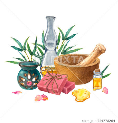 Wooden mortar and pestle, glass bottle with oil, ceramic aroma lamp, pink handmade soap bars, green bamboo branches. Hand drawn watercolor illustration on isolated background. For wellness resort. Wooden mortar and pestle, glass bottle with oil, ceramic aroma lamp, pink handmade soap bars, green bamboo branches. Hand drawn watercolor illustration on isolated background. For wellness resort. 114778264