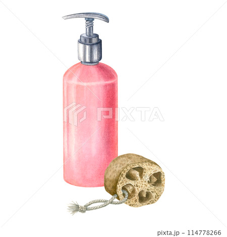 A pink plastic cosmetic bottle with an airless dispenser and a washcloth made from a dried piece of loofah with a natural pattern and texture. Hand drawn watercolor illustration on isolated background A pink plastic cosmetic bottle with an airless dispenser and a washcloth made from a dried piece of loofah with a natural pattern and texture. Hand drawn watercolor illustration on isolated background 114778266