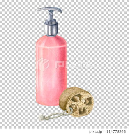 A pink plastic cosmetic bottle with an airless dispenser and a washcloth made from a dried piece of loofah with a natural pattern and texture. Hand drawn watercolor illustration on isolated background 114778266