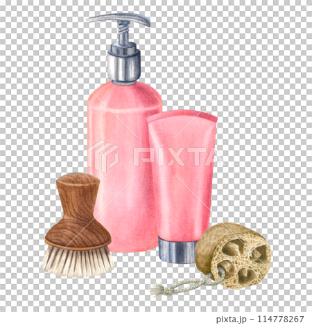 Plastic cosmetic bottle with dispenser airless pump, cream tube, wooden soft body brush and a washcloth made from a dried piece of loofah. Hand drawn watercolor illustration on isolated background. 114778267