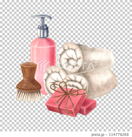 Rolled up terry towels, wooden soft body brush, pink plastic cosmetic bottles for shampoo, natural soap bars. Hand drawn watercolor illustration on isolated background. For wellness resort, brochure. 114778268