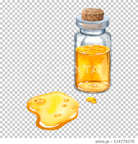 A miniature clear glass bottle containing a golden-colored liquid, with a wooden stopper and a drop of oil spreading over the surface. Hand drawn watercolor illustration on isolated the background. 114778270