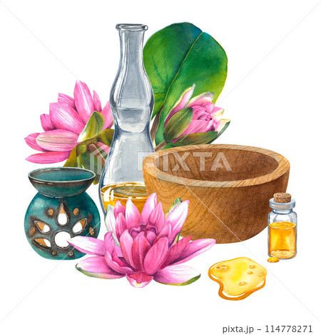 Wooden mortar and pestle, glass bottle with oil, ceramic aroma lamp, bottle with liquid and gold drop of oil, water lily flowers, green leaf. Hand drawn watercolor illustration on isolated background. 114778271