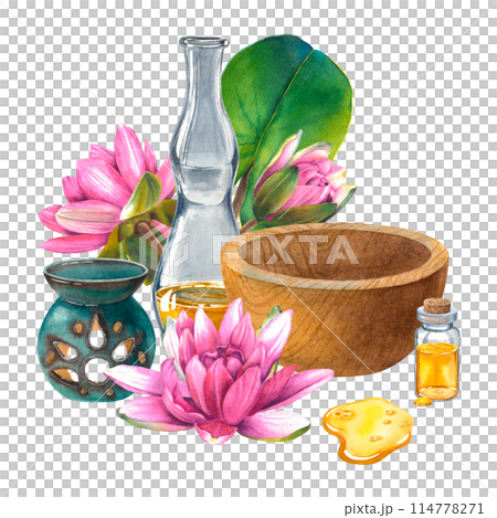 Wooden mortar and pestle, glass bottle with oil, ceramic aroma lamp, bottle with liquid and gold drop of oil, water lily flowers, green leaf. Hand drawn watercolor illustration on isolated background. Wooden mortar and pestle, glass bottle with oil, ceramic aroma lamp, bottle with liquid and gold drop of oil, water lily flowers, green leaf. Hand drawn watercolor illustration on isolated background. 114778271