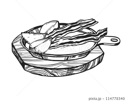 Hand drawn vector sketch of baked fried bacon strips, fried potato slices on iron frying pan on wooden cutting board, black and white illustration, inked illustration on white background Hand drawn vector sketch of baked fried bacon strips, fried potato slices on iron frying pan on wooden cutting board, black and white illustration, inked illustration on white background 114778340