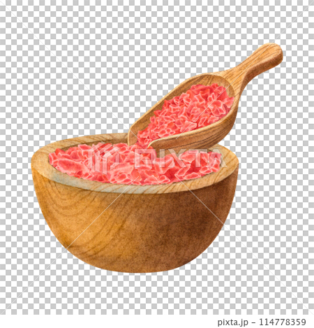 Wooden bowl, scoop for Spa therapy with pink Himalayan salt. Hand drawn watercolor illustration of traditional objects for alchemy or aroma therapy on isolated background. For the design of cosmetics. 114778359
