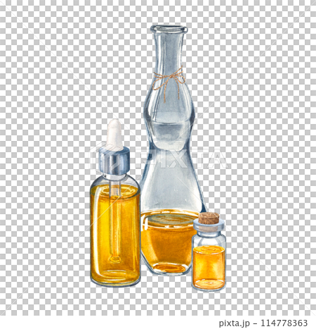 Glass bottles with oil for skin. Hand drawn watercolor illustration of vials with natural body care product isolated on background. Packaging element for design, advertising of cosmetic, label. Glass bottles with oil for skin. Hand drawn watercolor illustration of vials with natural body care product isolated on background. Packaging element for design, advertising of cosmetic, label. 114778363
