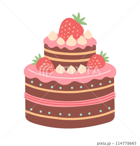Birthday strawberry cake isolated on white. Flat cartoon design for postcards and stickers, birthday party invitation 114778665