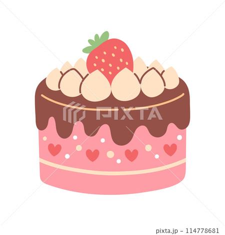 Birthday strawberry cake isolated on white. Flat cartoon design for postcards and stickers, birthday party invitation Birthday strawberry cake isolated on white. Flat cartoon design for postcards and stickers, birthday party invitation 114778681
