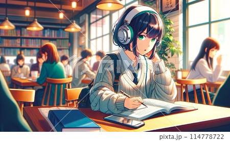 カフェで勉強している女子学生 114778722
