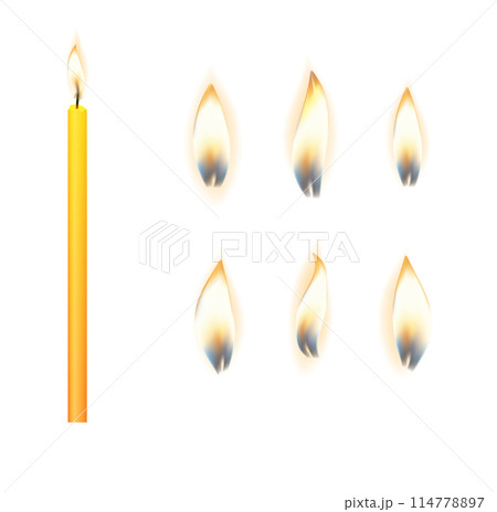 3d realistic white and paraffin or wax burning party candle and different flame of a candle icon set closeup isolated. Vector 3d realistic white and paraffin or wax burning party candle and different flame of a candle icon set closeup isolated. Vector 114778897