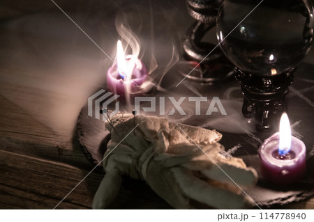 Enigmatic Occult Ritual with Chalice and Crystal Ball. Enigmatic Occult Ritual with Chalice and Crystal Ball. 114778940