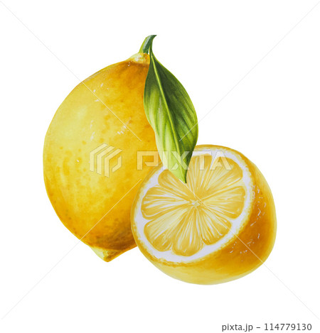 Fresh ripe lemons with bright green leaves. Hand drawn watercolor cut citrus slices painting on background. For designers, postcards, party Invitations, wrapping paper, covers. For posters and textile 114779130