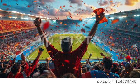 happy excited crowd put hands up after goal, happy growd celebrating soccer team victory on stadium, Germany Euro 2024 concept happy excited crowd put hands up after goal, happy growd celebrating soccer team victory on stadium, Germany Euro 2024 concept 114779449