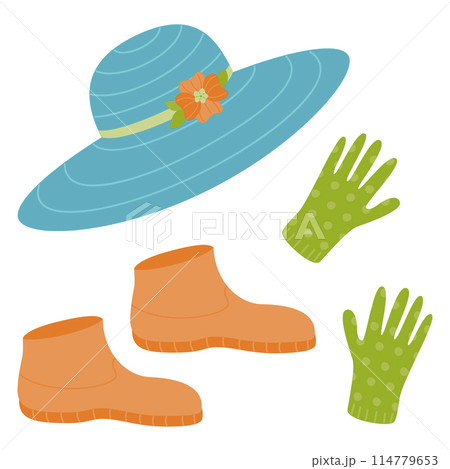 A set of accessories for gardening and recreation - a hat, rubber gloves and boots. Vector illustration on a white background. A set of accessories for gardening and recreation - a hat, rubber gloves and boots. Vector illustration on a white background. 114779653