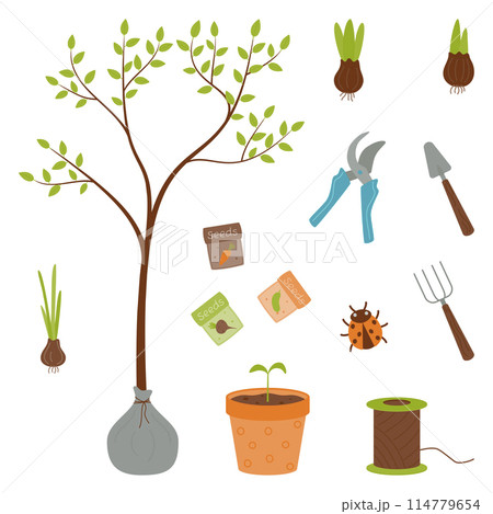A set for planting plants - seeds, seedlings, sapling. Gardening, crop production. Vector illustration on a white background. A set for planting plants - seeds, seedlings, sapling. Gardening, crop production. Vector illustration on a white background. 114779654