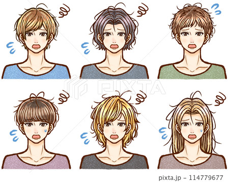 寝ぐせに悩むぼさぼさヘアーの大人男子のイラスト素材セット 114779677