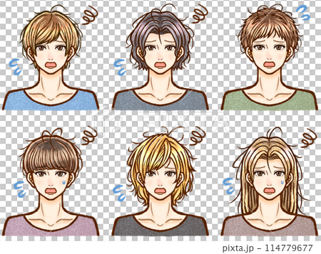 Illustration set of adult men with messy hair who are troubled by bedhead Illustration set of adult men with messy hair who are troubled by bedhead 114779677